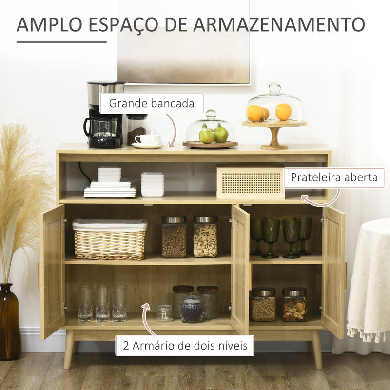 Aparador Sala de Estar de Estilo Cannage Móvel Buffet Auxiliar com 3 Portas de Vime Prateleiras Ajustáveis e Pés de Madeira para Sala de Estar Sala de Jantar 120x40x97 cm Madeira