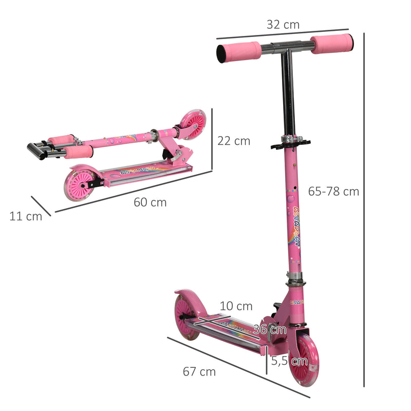 Trotinete para Crianças Dobrável Trotinete Infantil com Luzes e Música 4 Alturas Ajustável Rodas Brilhantes e Pedal LED para 3-7 Anos Carga 50 kg 67x32x65-78 cm Rosa