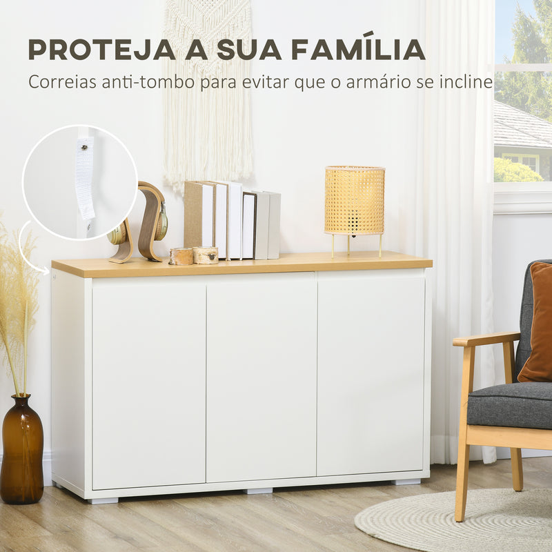 Aparador de Sala de Estar Armário de Armazenamento Móvel Auxiliar de Cozinha com 3 Portas e Prateleiras Ajustáveis para Sala de Jantar Entrada 120x37x75 cm Branco e Madeira